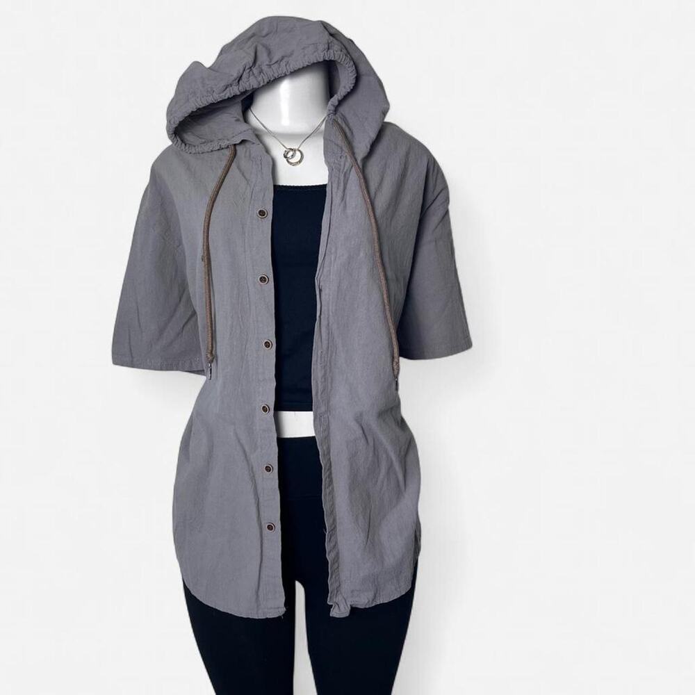 Linen top size xl hoodie button up lagenlook casual cottage gray shirt oversized